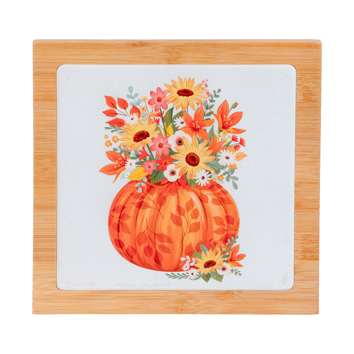 Autumn Trivet with Ceramic and Wood Construction, 7.8 Inch Square