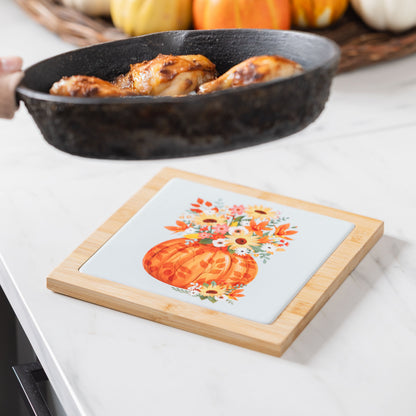 Autumn Trivet with Ceramic and Wood Construction, 7.8 Inch Square