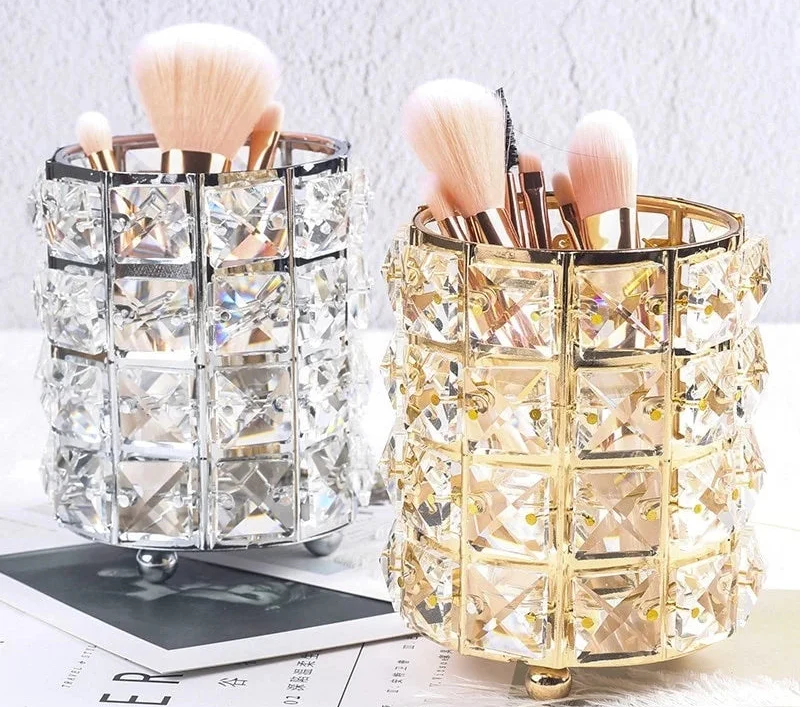 Makeup Brush Holder with Crystal Bead Design and Stainless Steel Frame, Gold or Silver