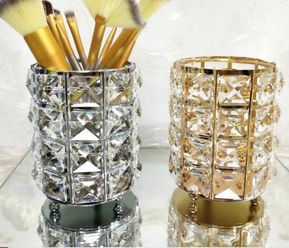 Makeup Brush Holder with Crystal Bead Design and Stainless Steel Frame, Gold or Silver