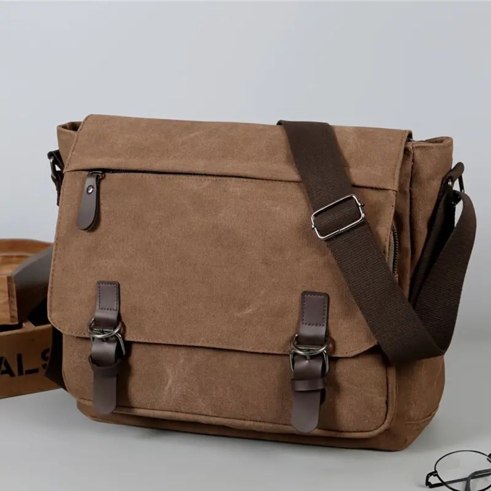 Mens Canvas Messenger Bag with Four Inner Pockets, Brass Buckles and Adjustable Strap in Five Colors