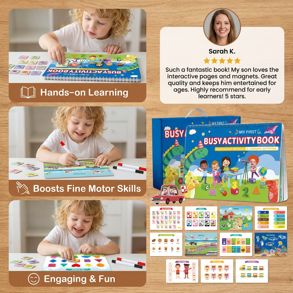 Interactive Busy Book for Kids with Colors, Numbers, Animals and Shapes Activity Pages