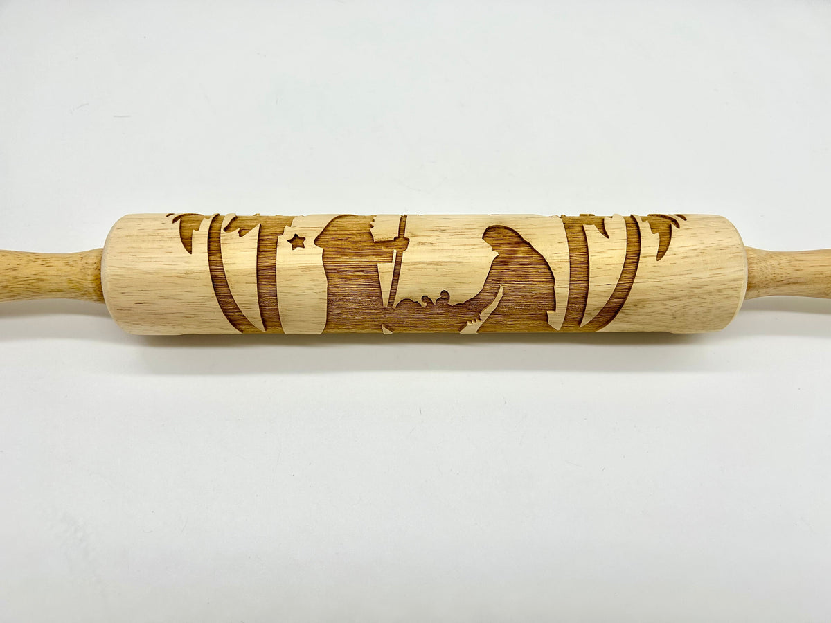 Laser Cut Christmas Rolling Pin with a Nativity Pattern for Pressing Cookies, Fondant, Clay and Ornaments