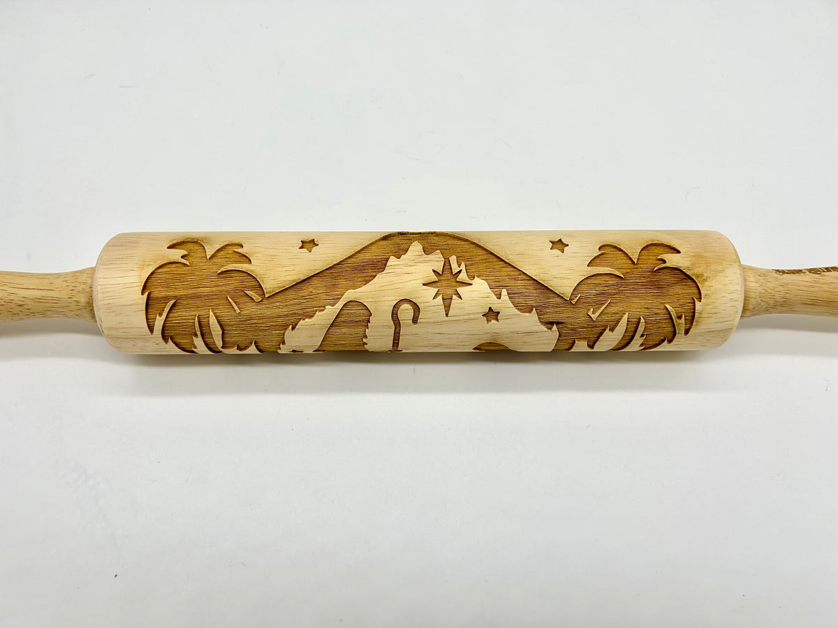 Laser Cut Christmas Rolling Pin with a Nativity Pattern for Pressing Cookies, Fondant, Clay and Ornaments