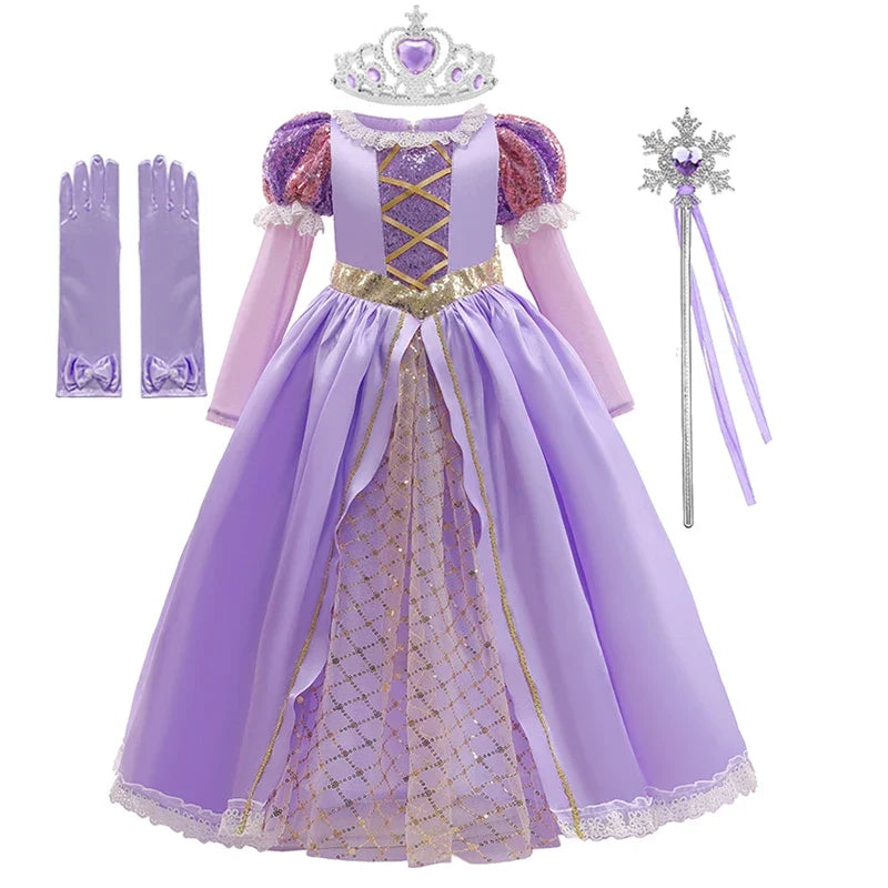Girls Ball Gown Dress with Puff Sleeves and Applique Details, Mid Calf Length