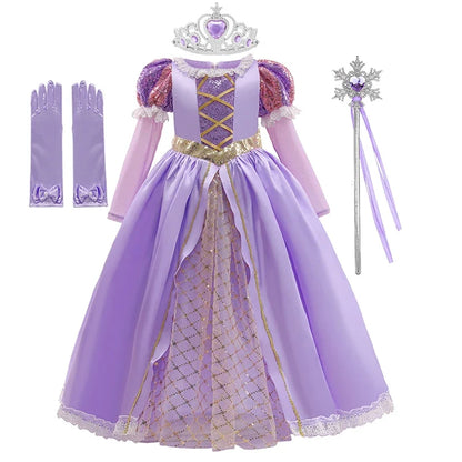 Girls Ball Gown Dress with Puff Sleeves and Applique Details, Mid Calf Length