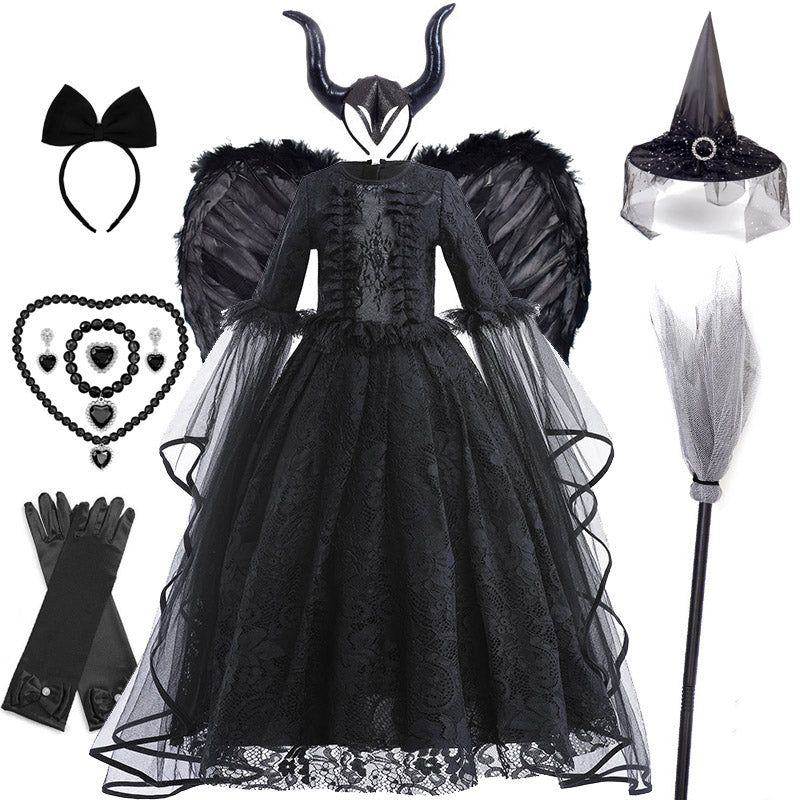 Girls Evil Queen Costume Dress with Lace Bodice and Layered Ruffles, Mid Calf
