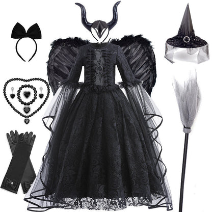 Girls Evil Queen Costume Dress with Lace Bodice and Layered Ruffles, Mid Calf