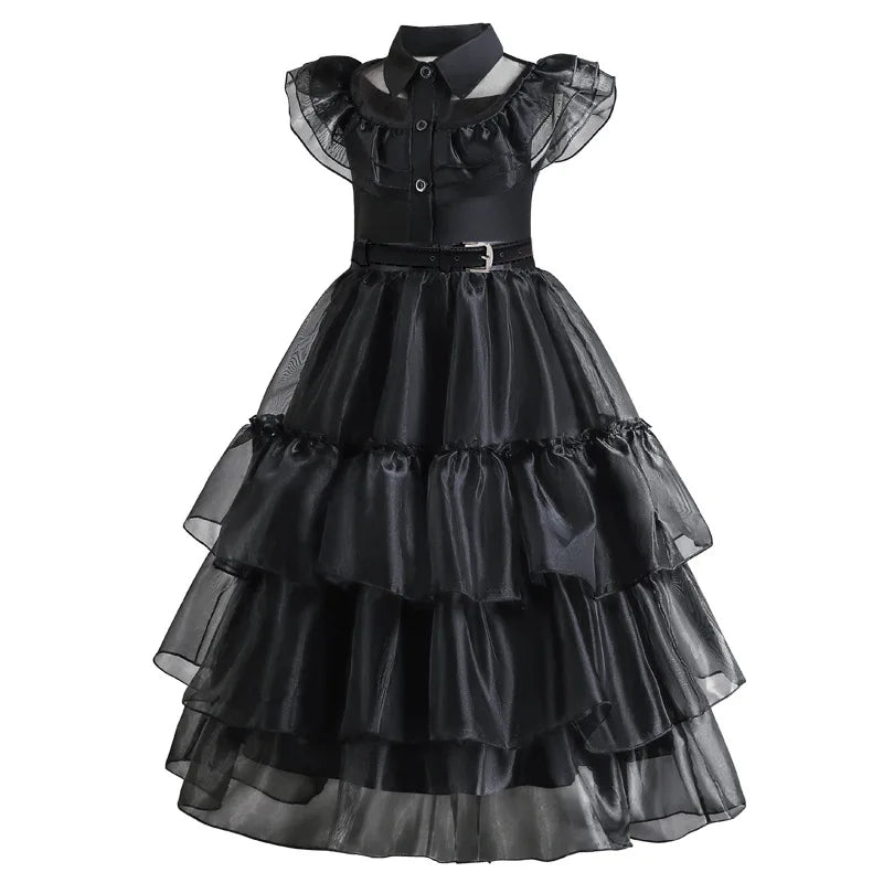 Girls Gothic Layered Cake Gown with Mesh Cutout Details and Mid Calf Length