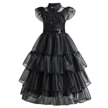 Girls Gothic Layered Cake Gown with Mesh Cutout Details and Mid Calf Length