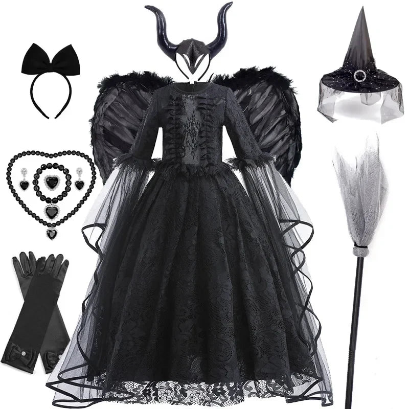 Girls Evil Queen Costume Dress with Lace Bodice and Layered Ruffles, Mid Calf