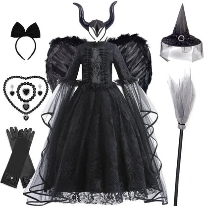 Girls Evil Queen Costume Dress with Lace Bodice and Layered Ruffles, Mid Calf