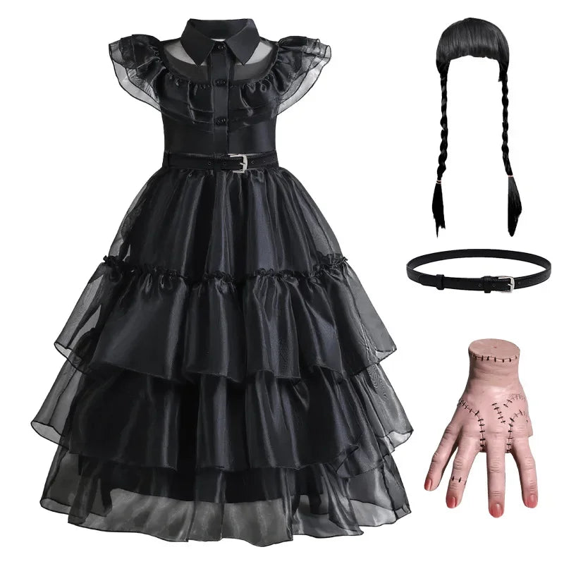 Girls Gothic Layered Cake Gown with Mesh Cutout Details and Mid Calf Length