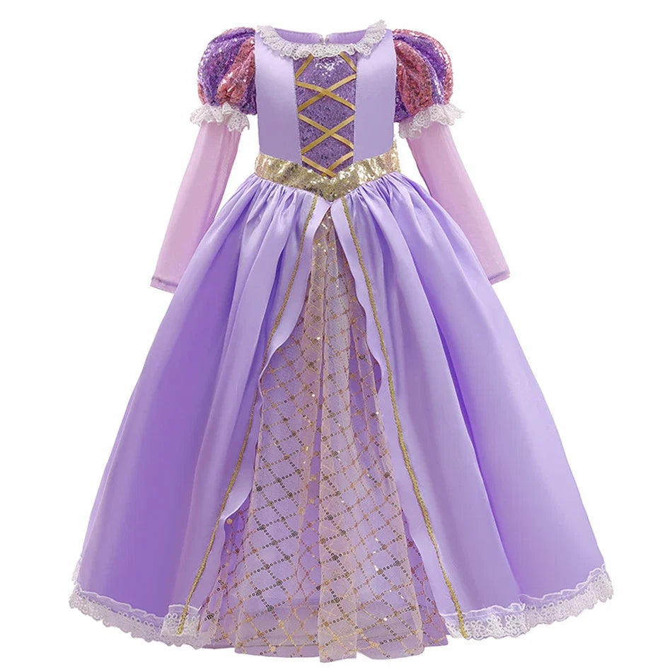 Girls Ball Gown Dress with Puff Sleeves and Applique Details, Mid Calf Length