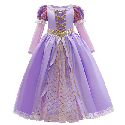 Girls Ball Gown Dress with Puff Sleeves and Applique Details, Mid Calf Length