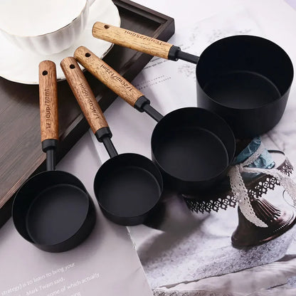 Measuring Cups and Spoons Set with Engraved Markings and Wooden Handles