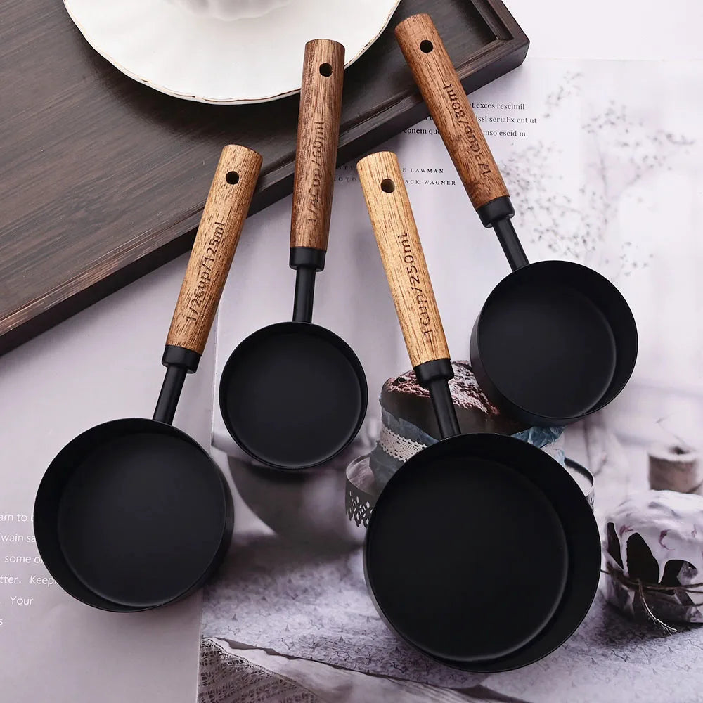 Measuring Cups and Spoons Set with Engraved Markings and Wooden Handles