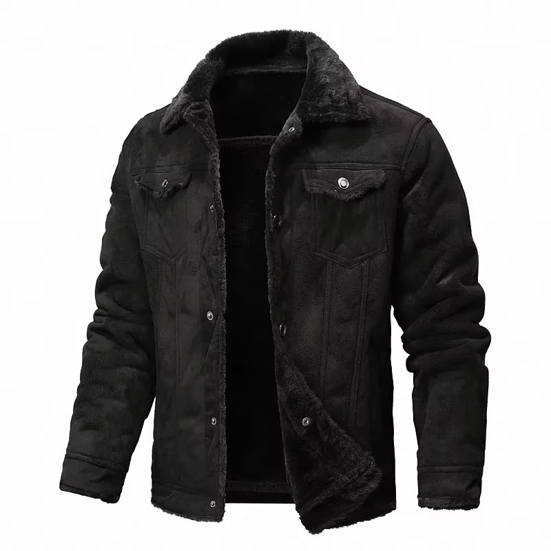 Mens Fleece Lined Winter Jacket with Suede Look Shell and Folded Collar