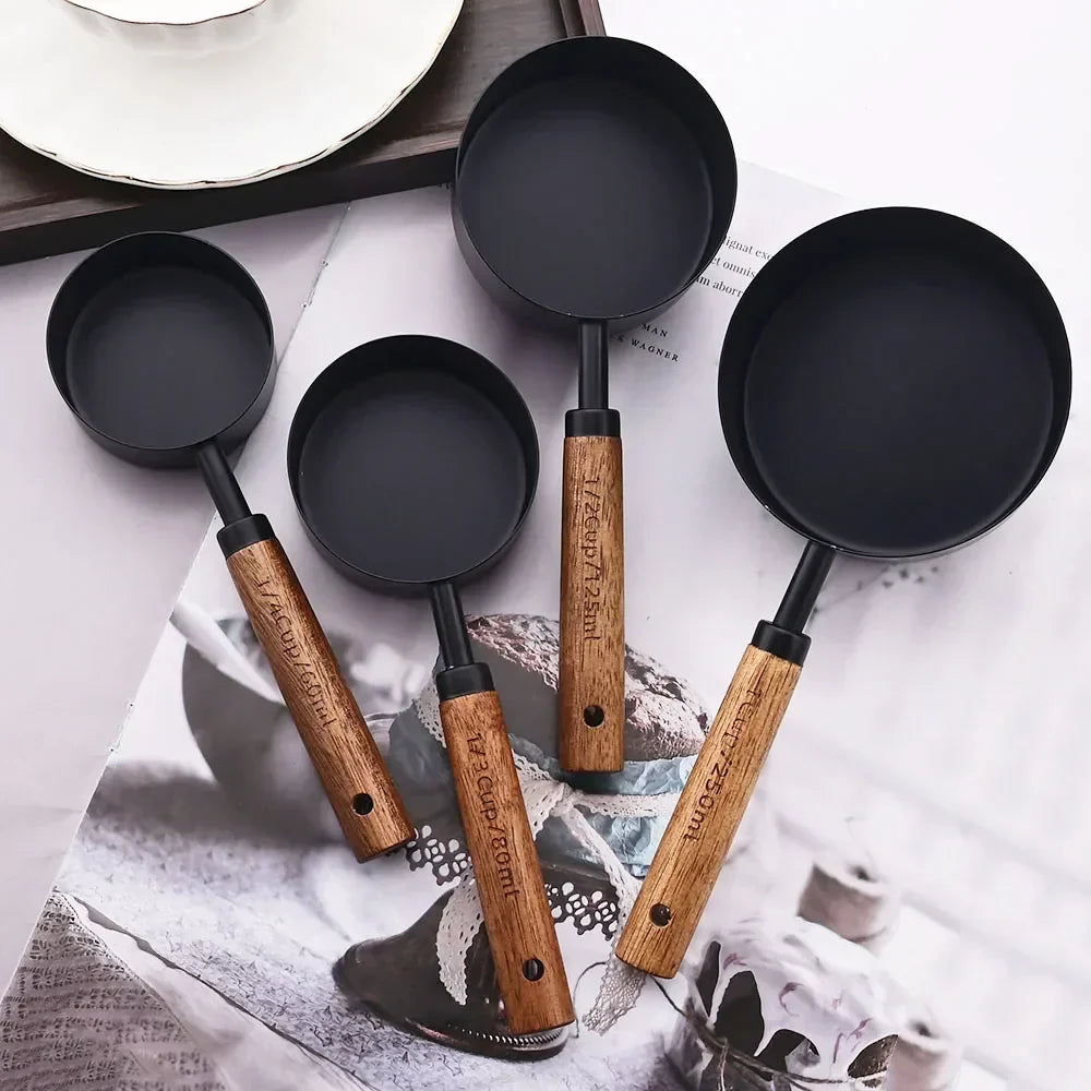 Measuring Cups and Spoons Set with Engraved Markings and Wooden Handles