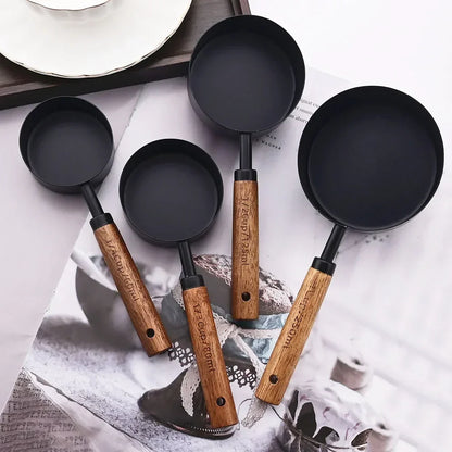 Measuring Cups and Spoons Set with Engraved Markings and Wooden Handles