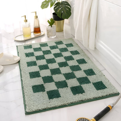 Microfiber Bath Mat with Checkered Pattern and Machine Washable Design