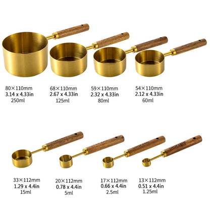 Measuring Cups and Spoons Set with Engraved Markings and Wooden Handles