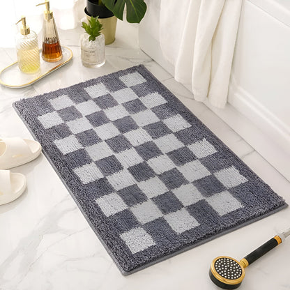 Microfiber Bath Mat with Checkered Pattern and Machine Washable Design