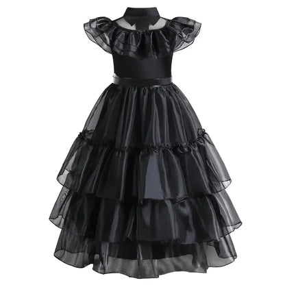 Girls Gothic Layered Cake Gown with Mesh Cutout Details and Mid Calf Length