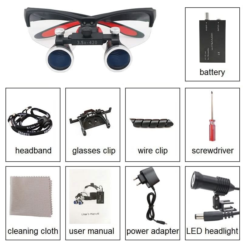 Adjustable Dental Loupes with 5W LED Headlight and Orange Filter, 2.5x-3.5x Magnification