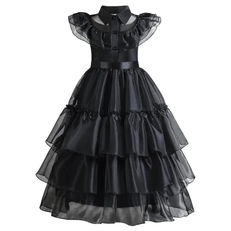 Girls Gothic Layered Cake Gown with Mesh Cutout Details and Mid Calf Length