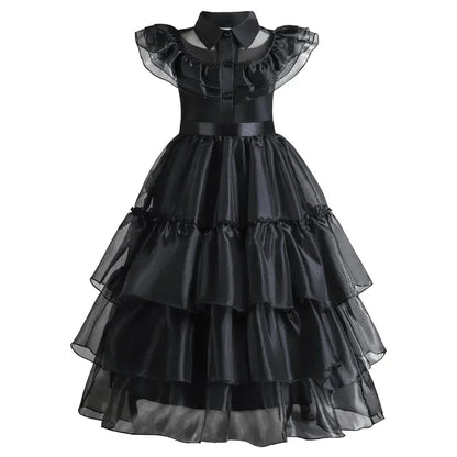 Girls Gothic Layered Cake Gown with Mesh Cutout Details and Mid Calf Length