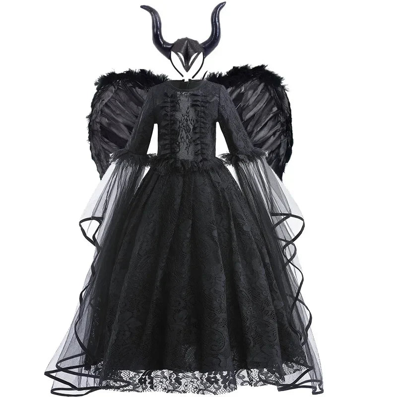Girls Evil Queen Costume Dress with Lace Bodice and Layered Ruffles, Mid Calf