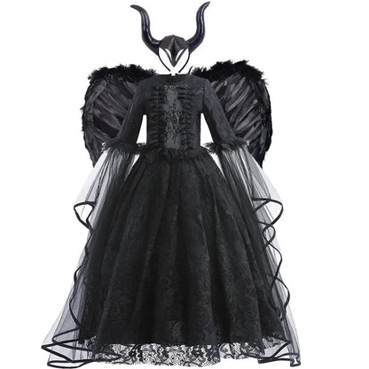 Girls Evil Queen Costume Dress with Lace Bodice and Layered Ruffles, Mid Calf