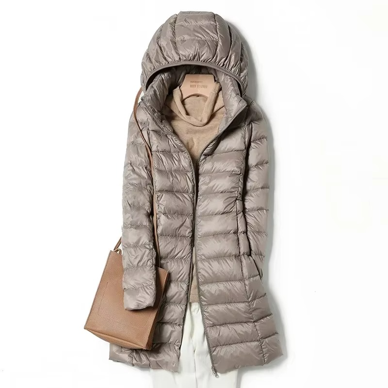 Womens Lightweight Long Hooded Parka with a Removable Hood, Front Zip and Button Placket in Seven Colors