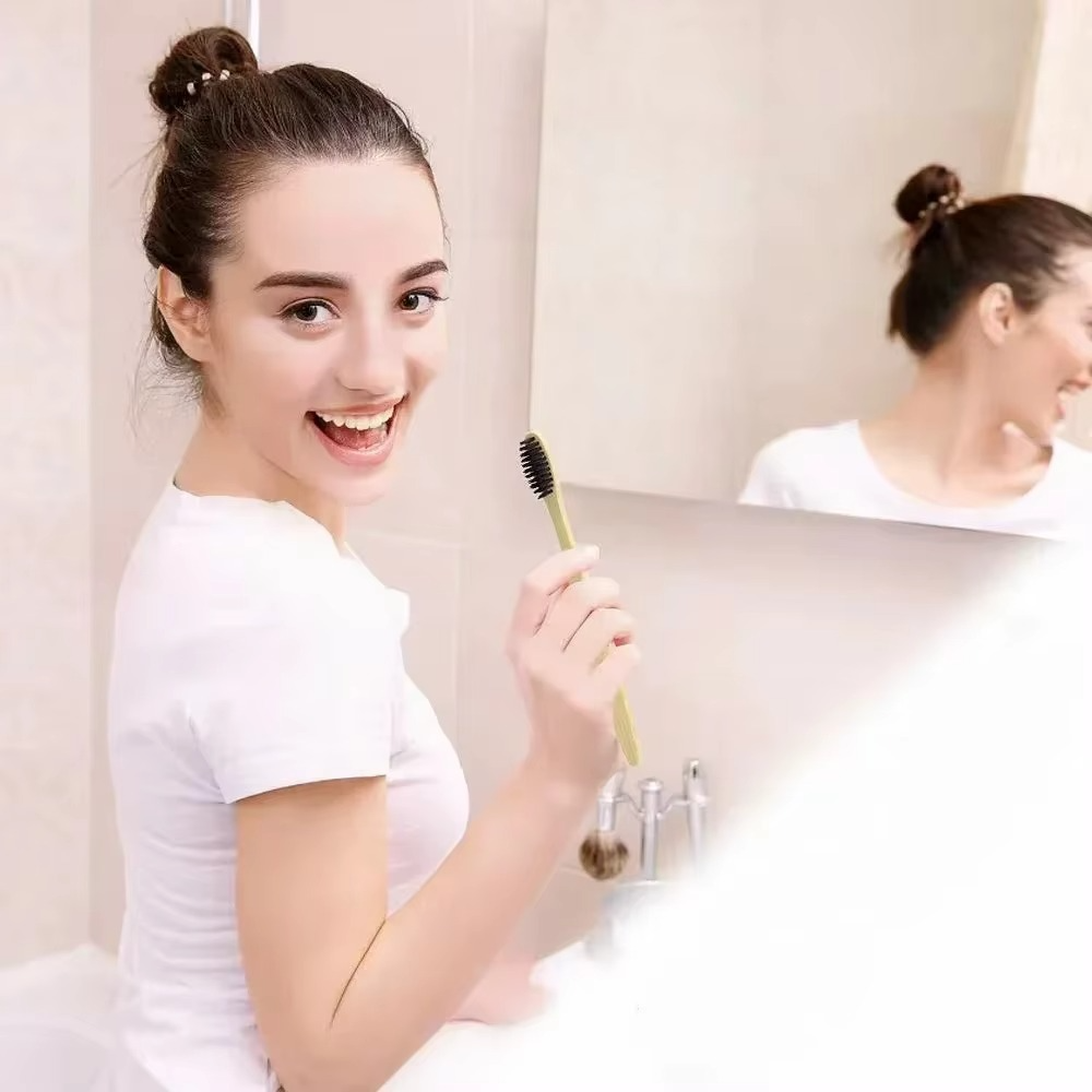 Bamboo Handled Toothbrush Ten Pack with Soft Nylon Bristles, Each Wrapped Separately