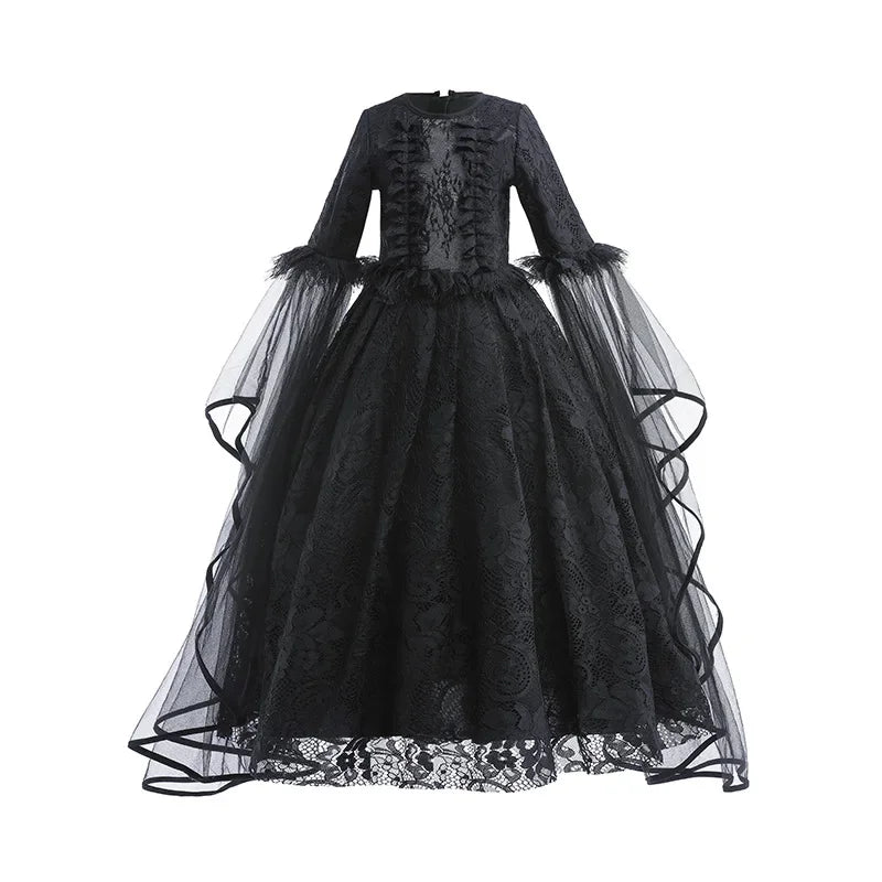 Girls Evil Queen Costume Dress with Lace Bodice and Layered Ruffles, Mid Calf