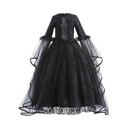 Girls Evil Queen Costume Dress with Lace Bodice and Layered Ruffles, Mid Calf