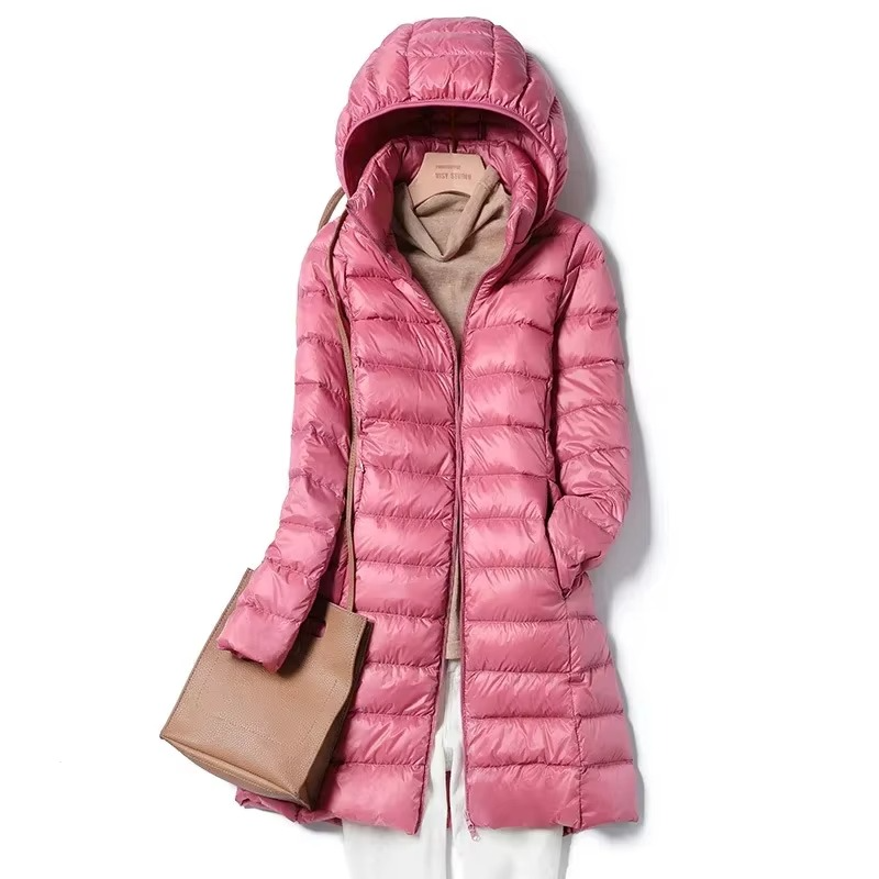 Womens Lightweight Long Hooded Parka with a Removable Hood, Front Zip and Button Placket in Seven Colors