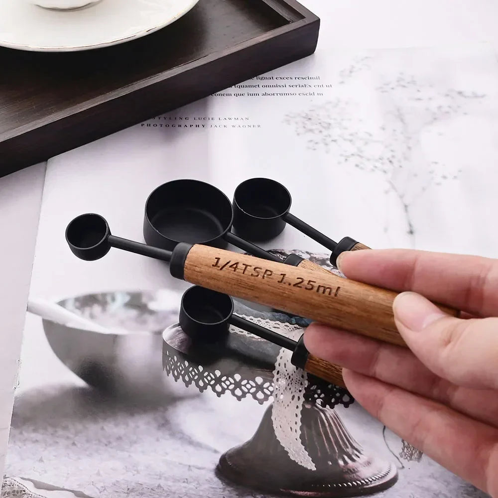 Measuring Cups and Spoons Set with Engraved Markings and Wooden Handles