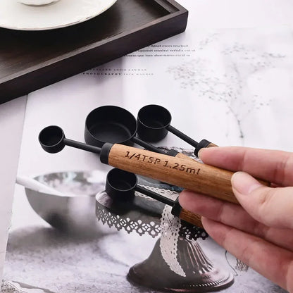 Measuring Cups and Spoons Set with Engraved Markings and Wooden Handles