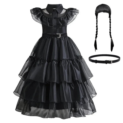 Girls Gothic Layered Cake Gown with Mesh Cutout Details and Mid Calf Length