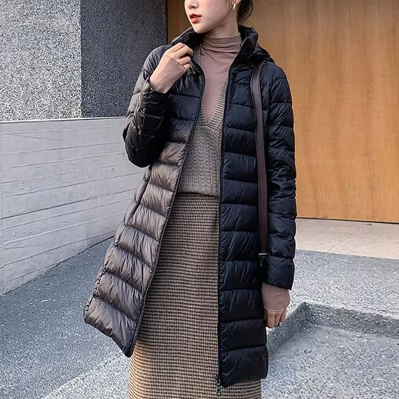 Womens Lightweight Long Hooded Parka with a Removable Hood, Front Zip and Button Placket in Seven Colors