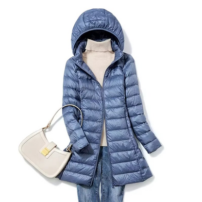 Womens Lightweight Long Hooded Parka with a Removable Hood, Front Zip and Button Placket in Seven Colors