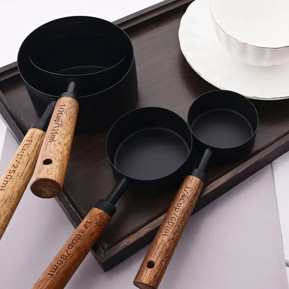 Measuring Cups and Spoons Set with Engraved Markings and Wooden Handles