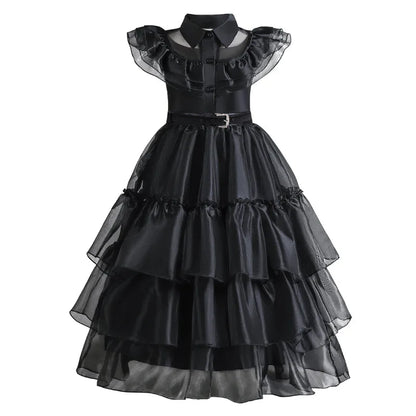 Girls Gothic Layered Cake Gown with Mesh Cutout Details and Mid Calf Length