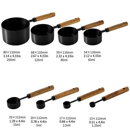 Measuring Cups and Spoons Set with Engraved Markings and Wooden Handles