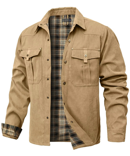 Mens Western Snap Overshirt with Flannel Lining and Yoke Seams for Cool Days