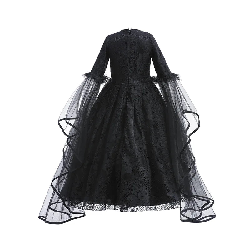 Girls Evil Queen Costume Dress with Lace Bodice and Layered Ruffles, Mid Calf