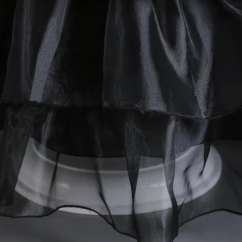 Girls Gothic Layered Cake Gown with Mesh Cutout Details and Mid Calf Length