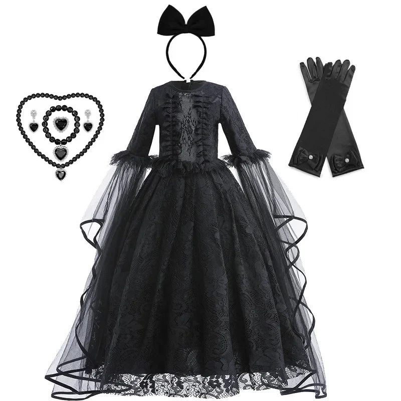 Girls Evil Queen Costume Dress with Lace Bodice and Layered Ruffles, Mid Calf